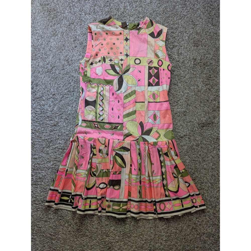 Vintage Mod Dress Women M Pink 1960s Geometric Drop Waist Pleated Good Handmade